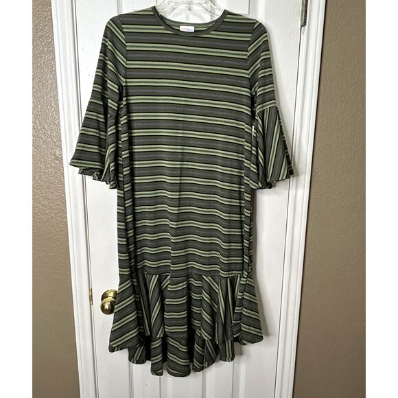 LulaRoe Women’s Striped Army Green Flare Sleeve Maurine Dress Size Small NEW - Picture 1 of 13